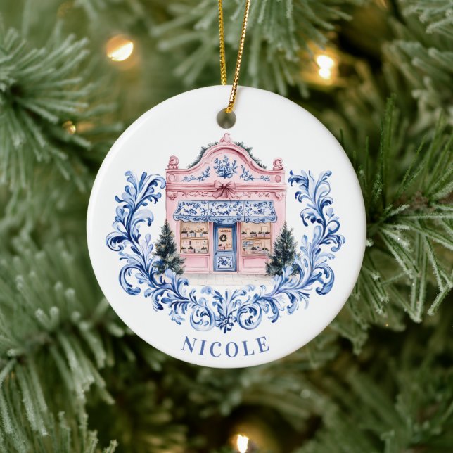 Grandmillennial Christmas Damask French Shop Ceramic Ornament (Tree)