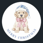 Grandmillennial Christmas Puppy Classic Round Sticker<br><div class="desc">This Christmas sticker has a Christmas puppy wearing a Chinoiserie Santa hat. You can personalize with your message.</div>