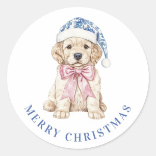 Grandmillennial Christmas Puppy Classic Round Sticker
