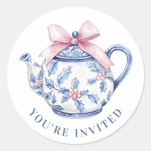 Grandmillennial Christmas Tea Pot Classic Round Sticker (Front)