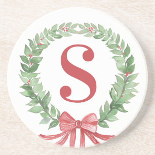 Grandmillennial Christmas Wreath Monogram Coaster