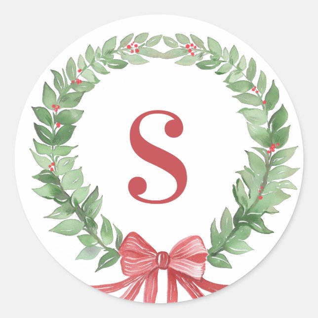 Grandmillennial Christmas Wreath Monogram Photo Classic Round Sticker (Front)