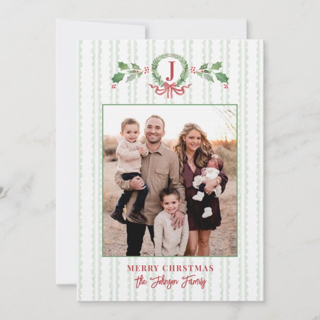 Grandmillennial Christmas Wreath Monogram Photo Invitation (Front)