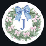 Grandmillennial Christmas Wreath Mpnogram Classic Round Sticker<br><div class="desc">This Christmas sticker has a Christmas wreath with a pink and blue bows. You can personalize with your initial and a name.</div>