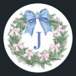 Grandmillennial Christmas Wreath Mpnogram Classic Round Sticker<br><div class="desc">This Christmas sticker has a Christmas wreath with a pink and blue bows. You can personalize with your initial and a name.</div>