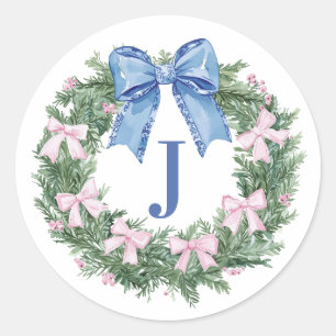 Grandmillennial Christmas Wreath Mpnogram Classic Round Sticker