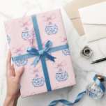 Grandmillennial Damask Christmas Ornament Wrapping Paper<br><div class="desc">This Christmas gift wrap has an ornament with blue damask pattern with a pink bow on a  blush pink background.</div>