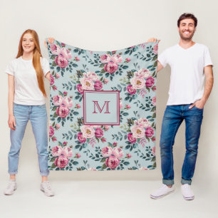 Grandmillennial Dusty Rose Floral Custon Monogram Fleece Blanket