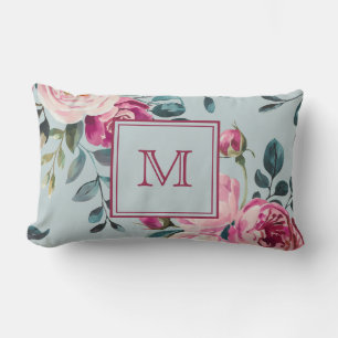 Grandmillennial Dusty Rose Floral Custon Monogram Lumbar Pillow