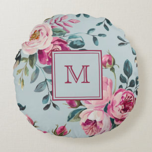 Grandmillennial Dusty Rose Floral Custon Monogram Round Pillow