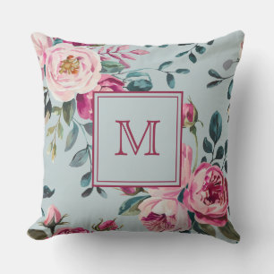 Grandmillennial Dusty Rose Floral Custon Monogram Throw Pillow