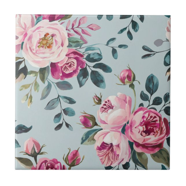 Grandmillennial Dusty Rose Floral Custon Monogram Tile (Front)
