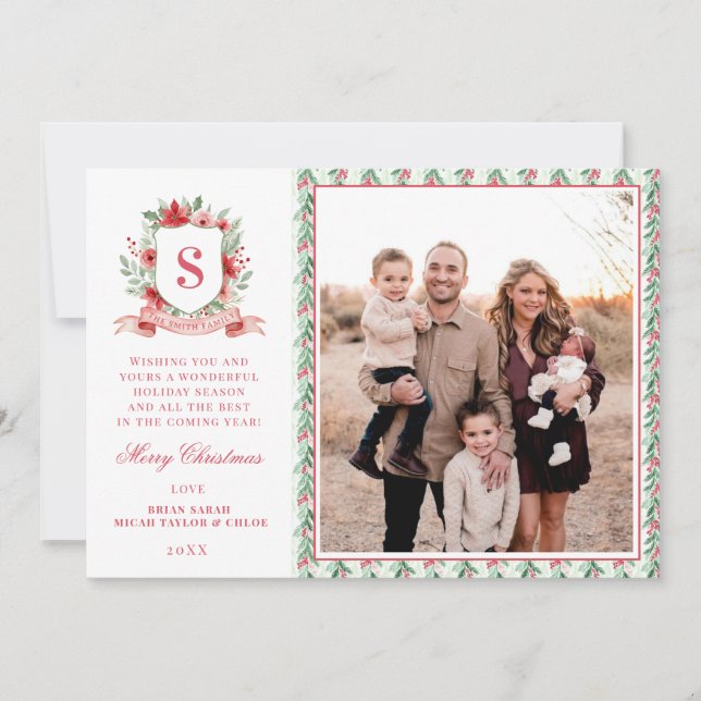 Grandmillennial Floral Crest | Christmas Monogram Holiday Card (Front)