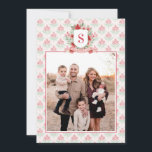 Grandmillennial Floral Crest | Christmas Monogram Holiday Card<br><div class="desc">This vertical Christmas photo card has a preppy grandmillennial design featuring a floral crest surrounded with berries an with a monogram letter in the center. The front and back have a coordinating damask pattern.</div>