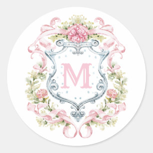 Grandmillennial Floral Crest Monogram Bridal Classic Round Sticker