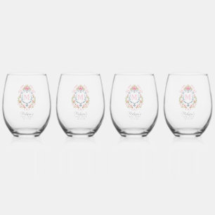 Grandmillennial Floral Crest Monogram Bridal Stemless Wine Glass