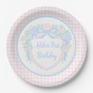 Grandmillennial Floral Gingham Preppy Birthday Paper Plate