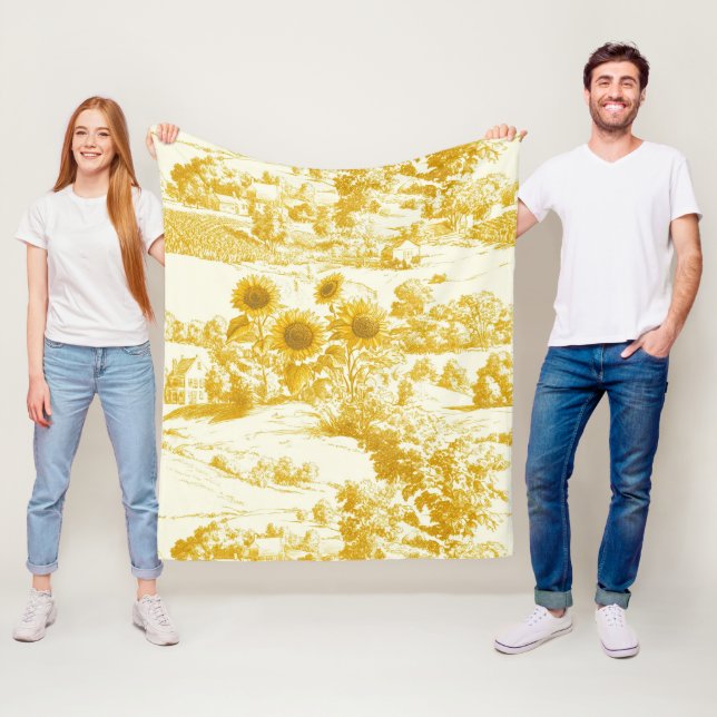 Grandmillennial Gold Sunflower Toile Pattern Fleece Blanket (In Situ)