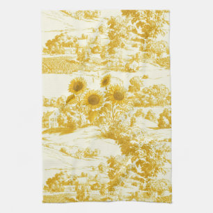 Grandmillennial Gold Sunflower Toile Pattern Kitchen Towel