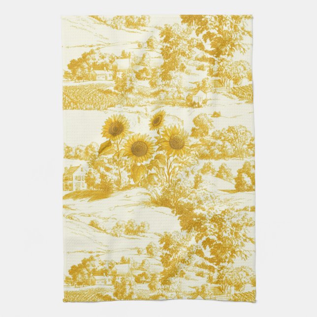Grandmillennial Gold Sunflower Toile Pattern Kitchen Towel (Vertical)