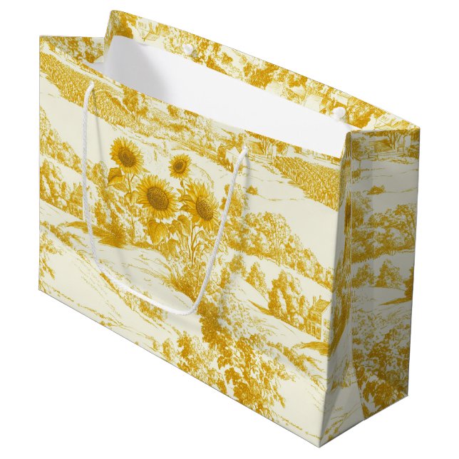 Grandmillennial Gold Sunflower Toile Pattern Large Gift Bag (Front Angled)