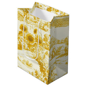 Grandmillennial Gold Sunflower Toile Pattern Medium Gift Bag