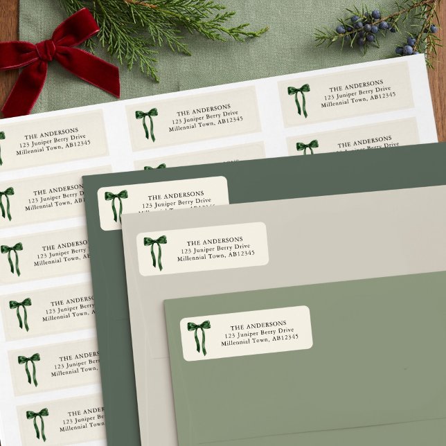 Grandmillennial Green Bow Return Address Holiday (Green Bow Address Labels from the Grandmillenial Botanical Bow Christmas collection by Darling & May)