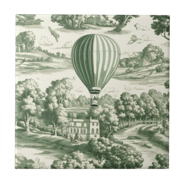 Grandmillennial Green French Toile Scenic Pattern Tile (Front)