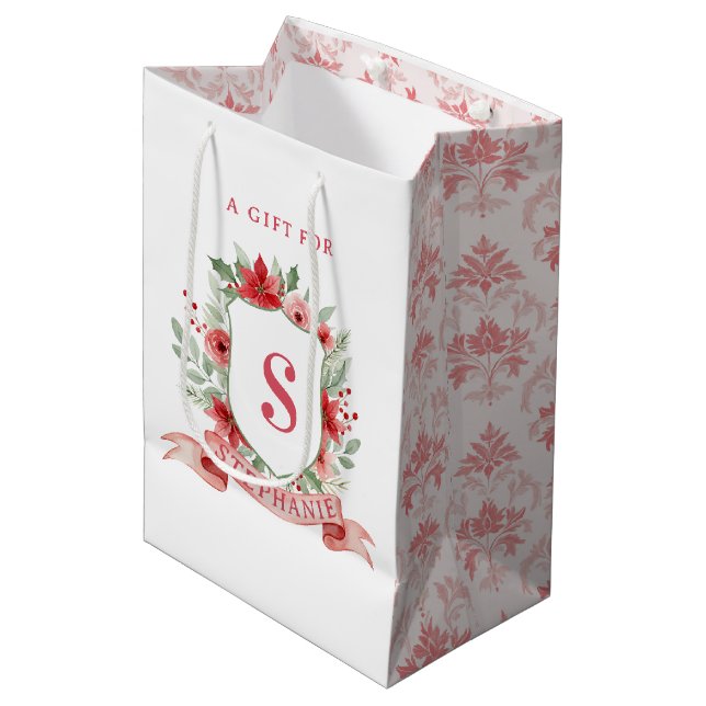 Grandmillennial Holiday Crest | Christmas Monogram Medium Gift Bag (Front Angled)