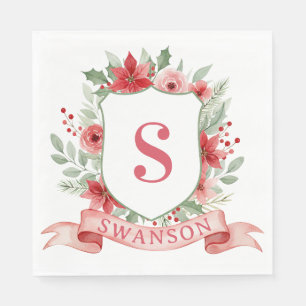 Grandmillennial Holiday Crest   Christmas Monogram Napkin