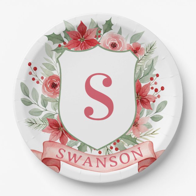 Grandmillennial Holiday Crest | Christmas Monogram Paper Plate (Front)