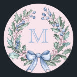 Grandmillennial  Holly Christmas Monogram Classic Round Sticker<br><div class="desc">This Christmas sticker has a preppy grandmillennial design featuring a holly frame with a blue monogram on a pink gingham background. You can personalize with a monogram.</div>