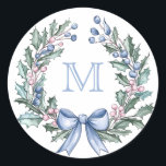 Grandmillennial  Holly Christmas Monogram Classic Round Sticker<br><div class="desc">This Christmas sticker has a preppy grandmillennial design featuring a holly frame with a blue monogram crest at the top. You can personalize with a monogram.</div>