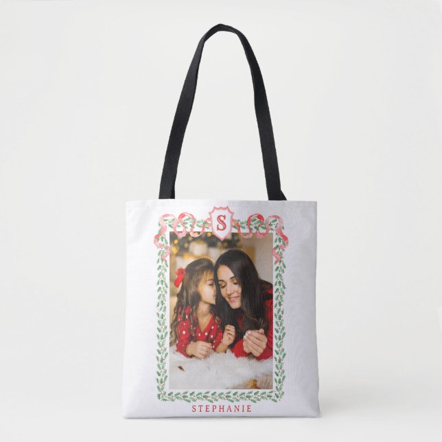 Grandmillennial Holly Christmas Monogram Tote Bag (Front)