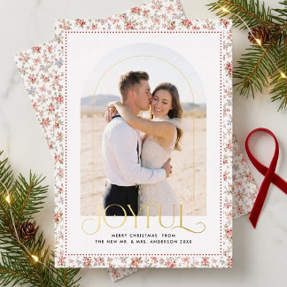 Grandmillennial JOYFUL Newlywed Christmas Photo Foil Holiday Card