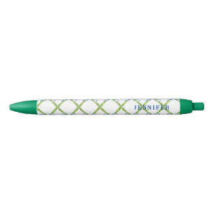 Grandmillennial Lattice with Blue Bow Personalized Black Ink Pen