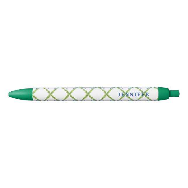 Grandmillennial Lattice with Blue Bow Personalized Black Ink Pen (Front)