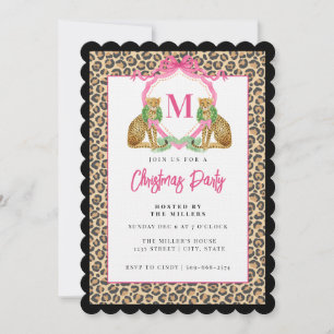 Grandmillennial Leopard Christmas Wreath Monogram Invitation