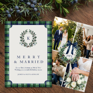 Grandmillennial Merry Married Tartan Monogram Holiday Card