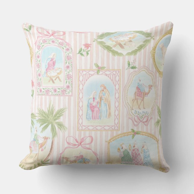 Grandmillennial Pastel Nativity Monogram Throw Pillow (Front)