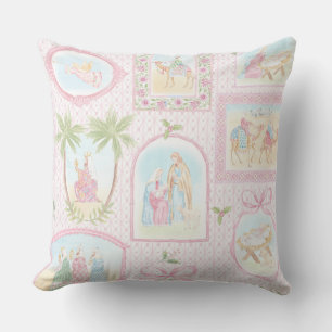 Grandmillennial Pastel Nativity Monogram Throw Pillow