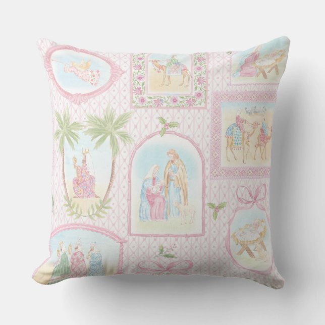 Grandmillennial Pastel Nativity Monogram Throw Pillow (Front)