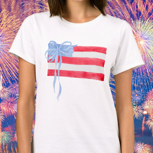Grandmillennial Patriotic Flag with Blue Bow T-Shirt