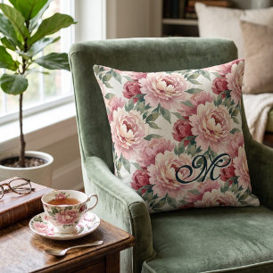 Grandmillennial Peonies Blush Cream Monogram Throw Pillow