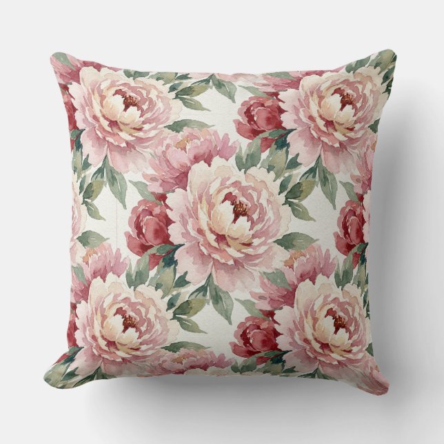 Grandmillennial Peonies | Blush Cream Throw Pillow (Front)