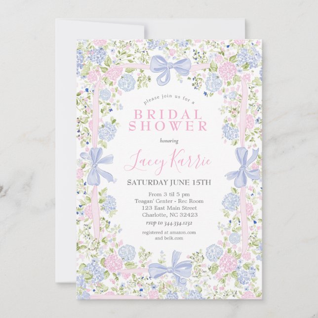 Grandmillennial Pink and Blue bridal shower invite (Front)