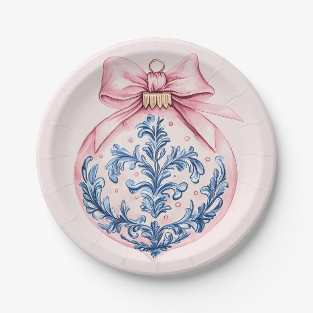 Grandmillennial Pink and Blue Damask Ornament Paper Plate (Front)
