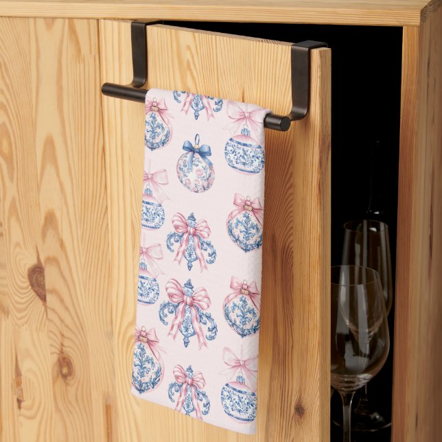 Grandmillennial Pink & Blue Christmas Ornaments Kitchen Towel (Thirds Fold)