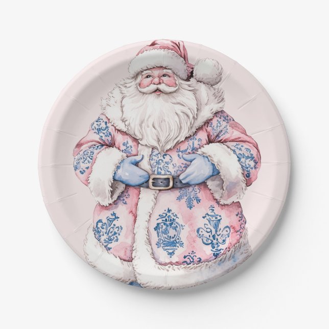 Grandmillennial Pink & Blue Damask Santa Claus Paper Plate (Front)