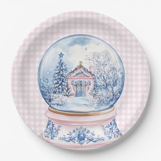 Grandmillennial Pink & Blue Damask Snow Globe Paper Plate (Front)
